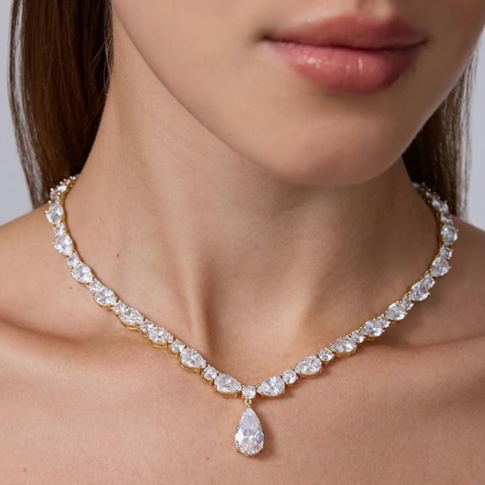 NEW 14K Gold Plated Cubic Zirconia Pear Tennis Necklace - Picture 3 of 3